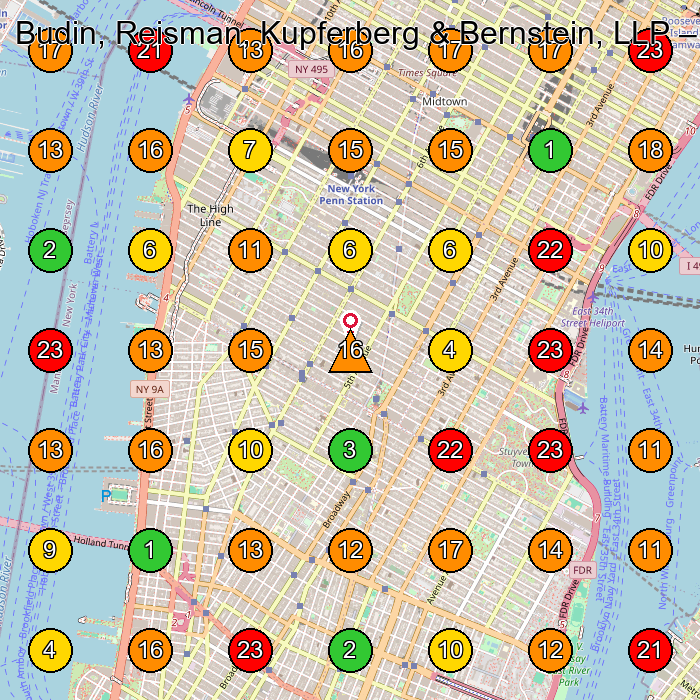 Budin, Reisman, Kupferberg & Bernstein, LLP Personal Injury Attorney GeoGrid ranking map for New York NY